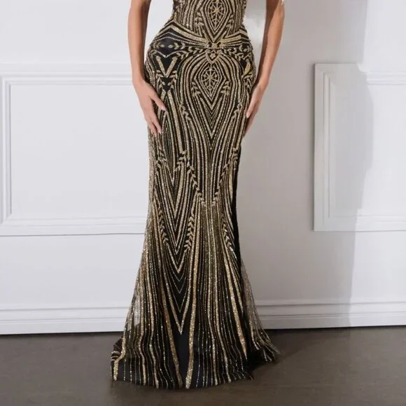 New Black Gold Crystals Embellished Long Ceremonial Gown w/ Fringe Frame CD J908 - Picture 10 of 10